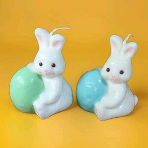 Lot 2 Vintage Easter Bunny Candles Rabbit Egg Blue Green Spring Holiday Cute 4"‎